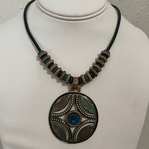 Chico’s Statement Necklace Blue & Gold Pendant Boho Tribal Style